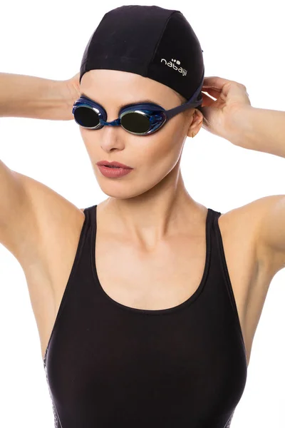 Retrato Swimmer Mulheres Maiô Isolado Branco Olhando Para Lado Com — Fotografia de Stock