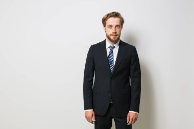 zarif adam, işadamı, takım elbiseli, beyaz duvar sakallı yakışıklı ve cofident ile sarışın adam ayakta