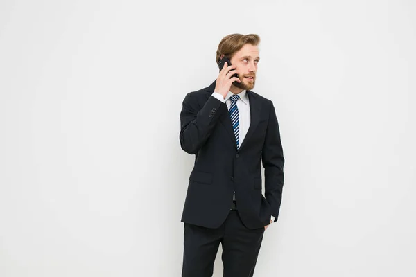 Businessman Elegant Suit Mature Man Beard Wearing Serious Conversation Phone — Stock Photo, Image