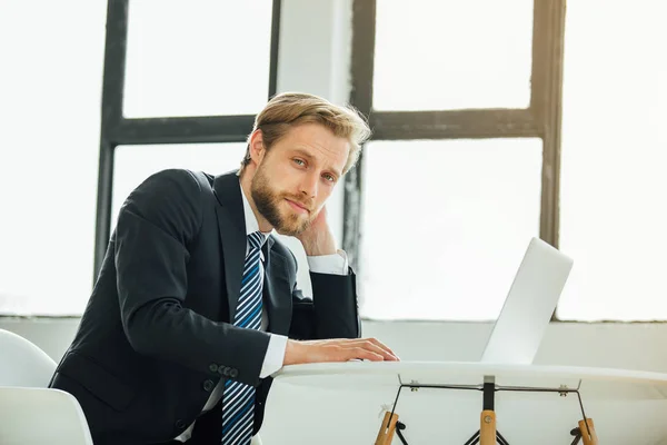 Mature Man Elegant Suit Businessman Corporate Exhausted Office Work Having — Stock Photo, Image