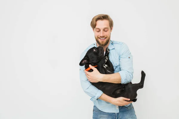 Young Beautiful Man Holding His Dog His Arms Love Playing — Stock Photo, Image