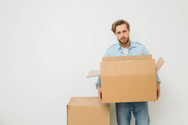 Young Blonde Man Carrying Some Cardboard Boxes Delivery Man Guy — Stock Photo, Image