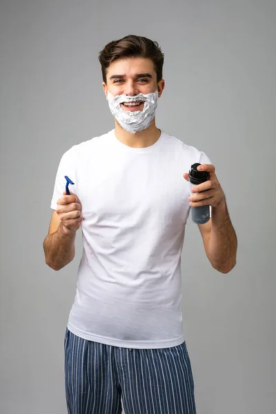 Man Preparing Shave Foam Face Shaving Device — 스톡 사진