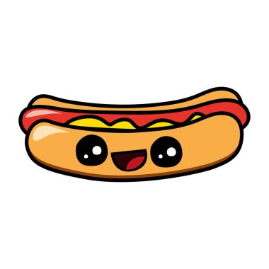 Sosisli, hardallı tatlı bir sosis. Kawaii illüstrasyonu.