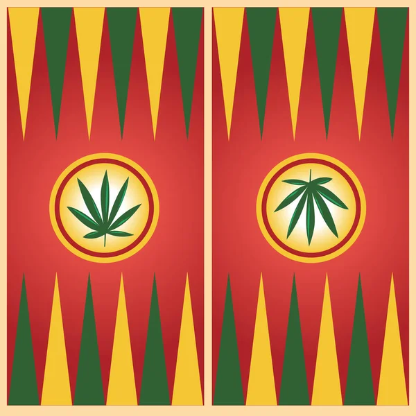 Soyut kırmızı-sarı-yeşil renkli tavla sahası ve marihuana ikonu.