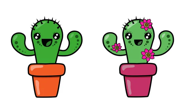 Charmante Cactus Een Jongen Een Meisje Kawaii Illustratie — Stockfoto