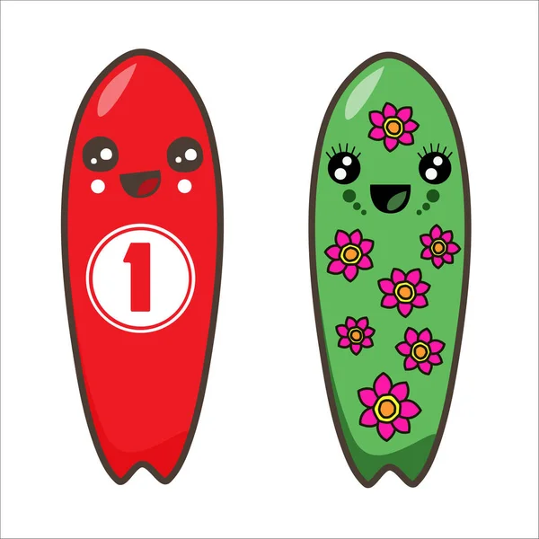 Sörf tahtaları, kız ve erkek. Kırmızı ve yeşil çiçek renginde. Kawaii illüstrasyonu.