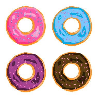 Kremalı çok renkli tatlı çörekler: pembe, mavi, çikolata, mor. Kawaii illüstrasyon fast food seti.