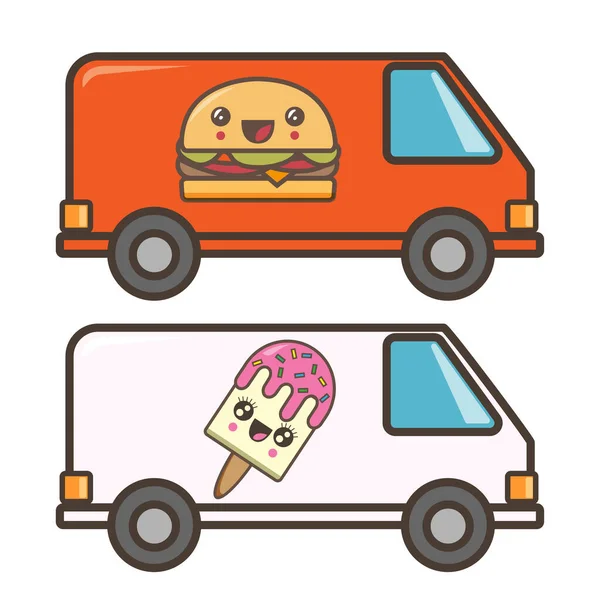 Roztomilá Auta Obrázkem Hamburgeru Zmrzliny Kawaii Ilustrace Fast Food Set — Stock fotografie