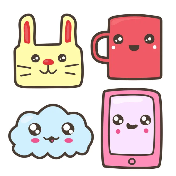 Bir sürü komik fotoğraf: Tavşan, kupa, bulut, akıllı telefon. Kawaii illüstrasyonu.
