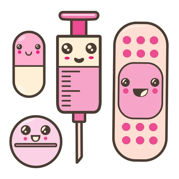 Şırınga, tablet, hap, bant. Kawaii illüstrasyonu.