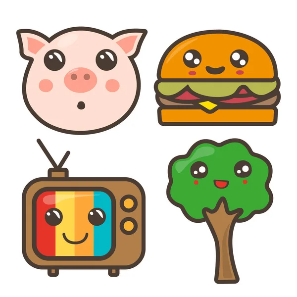 Conjunto Imágenes Divertidas Cerdo Hamburguesa Árbol Ilustración Kawaii — Foto de Stock