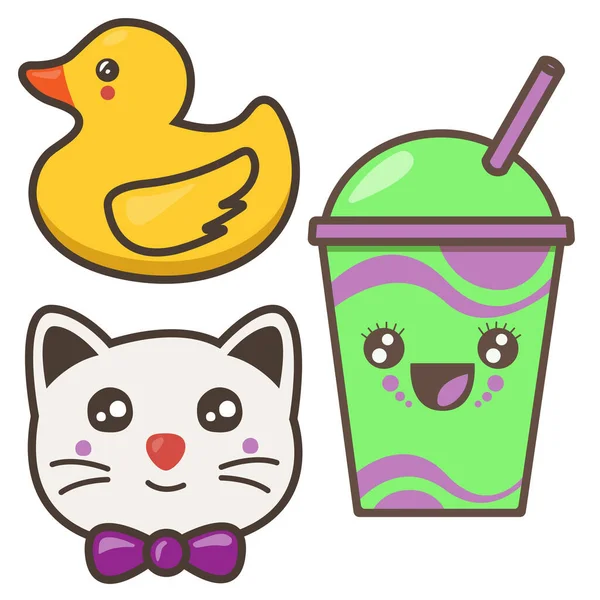 Komik resimler: kedi, ördek, kokteyl. Kawaii illüstrasyonu.