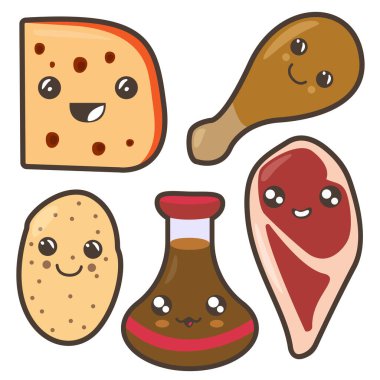 Bir set komik pistores et biftek, peynir, hindi budu, patates, soya sosu. Kawaii illüstrasyonu.