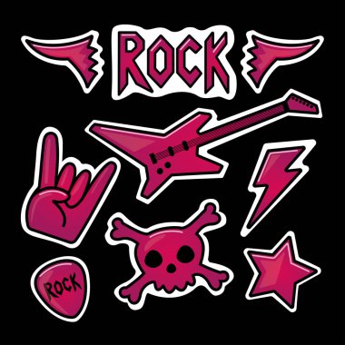 Rock temalı çıkartmalar: gitar, pena, kafatası, yıldız, kanat, yıldırım, kaya işareti. Kawaii illüstrasyonu.