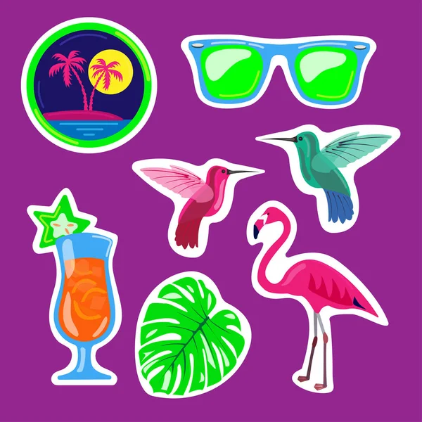 Uppsättning Klistermärken Temat Tropikerna Kolibri Cocktail Monstera Flamingo Nattstrand Med — Stockfoto
