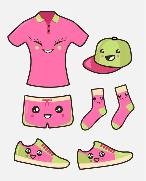 Pembe renkli kadın spor kıyafetleri: şapka, şort, spor ayakkabı, çorap, gömlek. Kawaii illüstrasyonu.