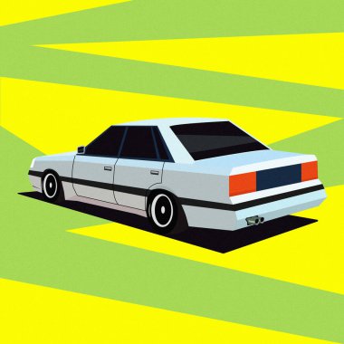 Soyut bir arkaplanda düşük polimerli beyaz sedan araba.