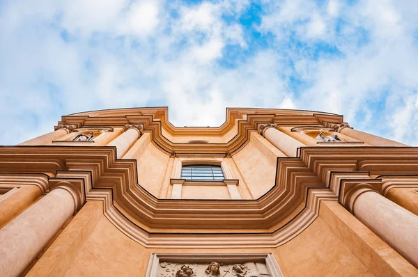 Old Yellow Church View Bottom Blue Cloudy Sky Background — Stock Photo, Image