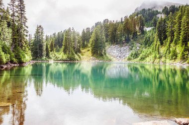 Dağ gölü kristal berrak suyla ve yeşil orman ağaçlarıyla çevrili.