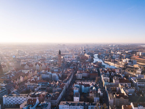 Wroclaw, Poland - Feb 16, 2019 - Aerial shot of the historical part of the city during the late afternoon