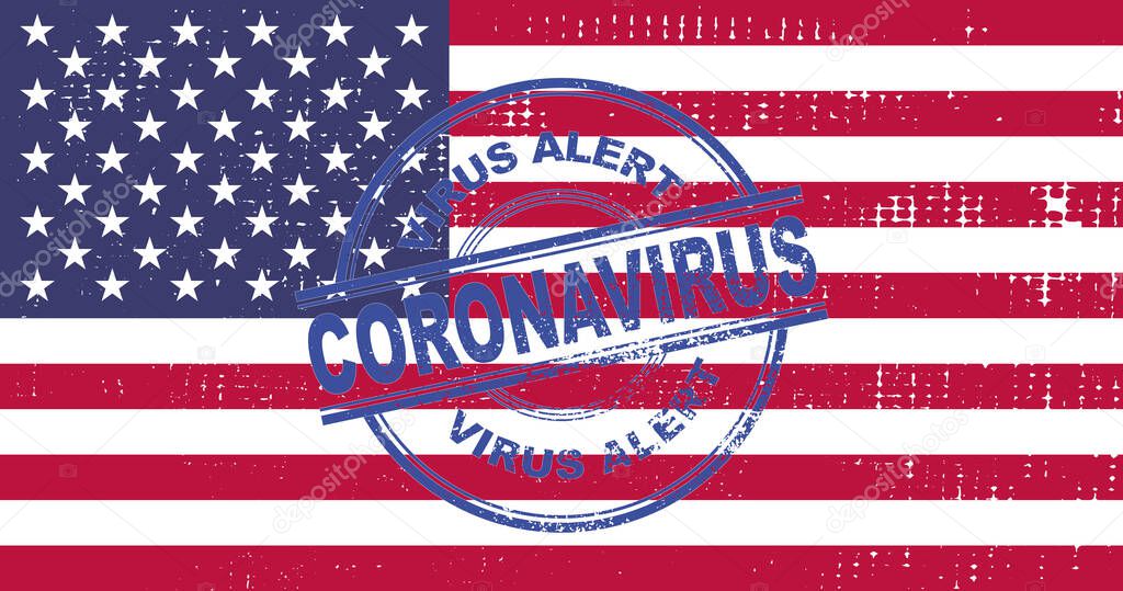 Coronavirus alert stamp. Covic-19 alert in United States. Vector illustration with USA flag background. EPS 10