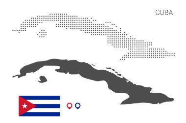 Ulusal bayrak ve harita işaretli noktalı Küba haritası. Teknoloji tasarımı veya bilgi grafikleri için illüstrasyon. Beyaz arka planda izole edilmiş. Seyahat vektörü illüstrasyonu