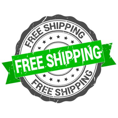 Ücretsiz nakliye. Damga. Çıkartma. Mühür. Yuvarlak grunge vintage kurdele ücretsiz nakliye tabelası. Sıkıntılı