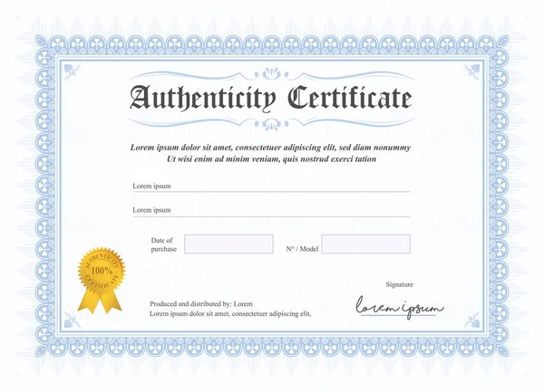 Certificat Authenticité Illustration Vectorielle Avec Filigrane Timbre Format Couleur Bleue — Image vectorielle
