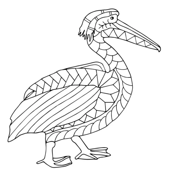 Pelican Bird Zentangle Coloring Page Drawn Liner Traced Vector Illustration — Stock Vector