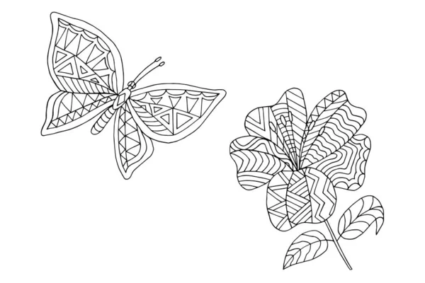 Schmetterling Und Blume Malseite Konturvektor Illustration Eps Für Die Malerei — Stockvektor