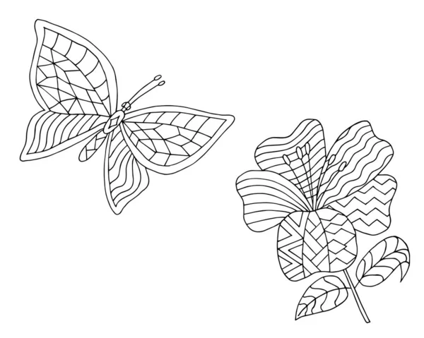 Schmetterling Und Blume Färbung Seite Konturvektor Illustration — Stockvektor