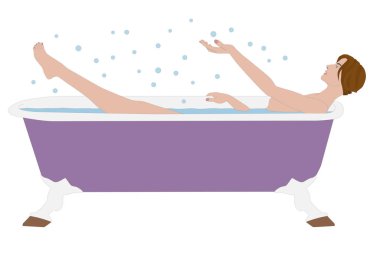 Genç, seksi, güzel bir kadın küvette yıkanıyor ve kabarcıklarla oynuyor.