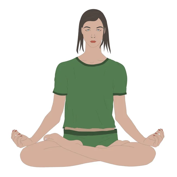 Vacker Flicka Mediterar Sittande Yoga Pose Med Öppna Ögon Färg — Stock vektor