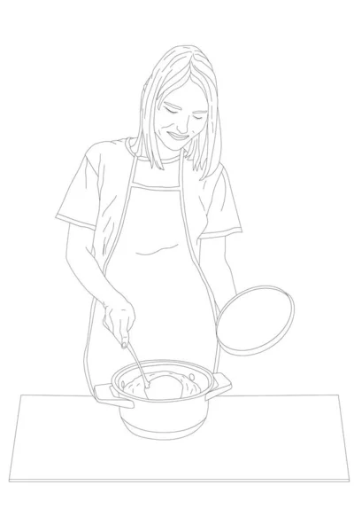 Young Beautiful Woman Apron Preparing Food Pot Outline Vector Illustration — 스톡 벡터
