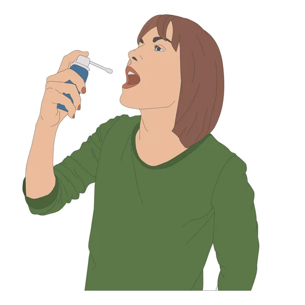 若い女性がスプレーボトルで口の中にスプレーし喉咳のイラストを色で治療します — ストック写真