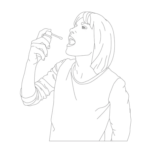 Ung Kvinna Sprutar Munnen Med Sprayflaska För Att Behandla Hals — Stockfoto