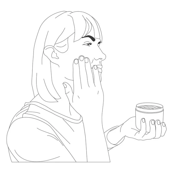 Woman Smears Her Face Cream Jar Contour Illustration — 스톡 사진
