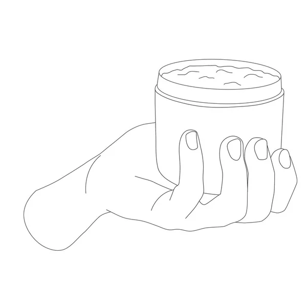 Wijfje Hand Met Een Pot Crème Contour Vector Illustratie — Stockvector