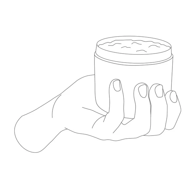 Mano Femenina Sosteniendo Frasco Crema Contorno Vector Ilustración — Vector de stock