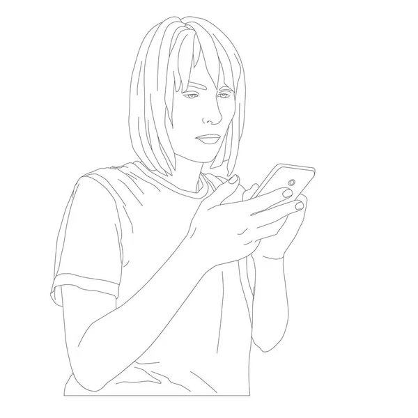 Kvinna Håller Smartphone Och Tittar Dess Skärm Kontur Vektor Illustration — Stock vektor