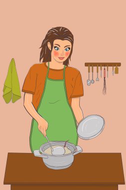  Genç seksi kadın çorbayı hazırlıyor ve resimli gülüyor.