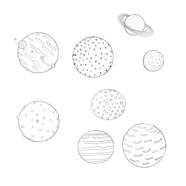Uzay boyama sayfasındaki gezegenler resim için izole edilmiş dış hatlar çizimi