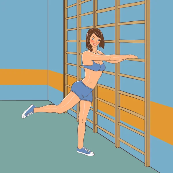 Young Woman Doing Stretching Gym Wall Bars Pin Style Illustration — Stock Photo, Image