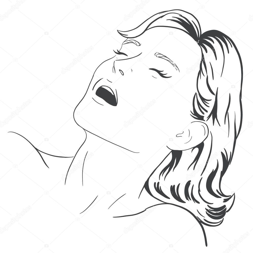 Face of a young sexy woman in a state of orgasm contour illustration
