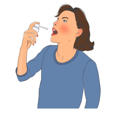 Bir kadın boğaz öksürüğünün rengini göstermek için ağzına sprey sıkar.