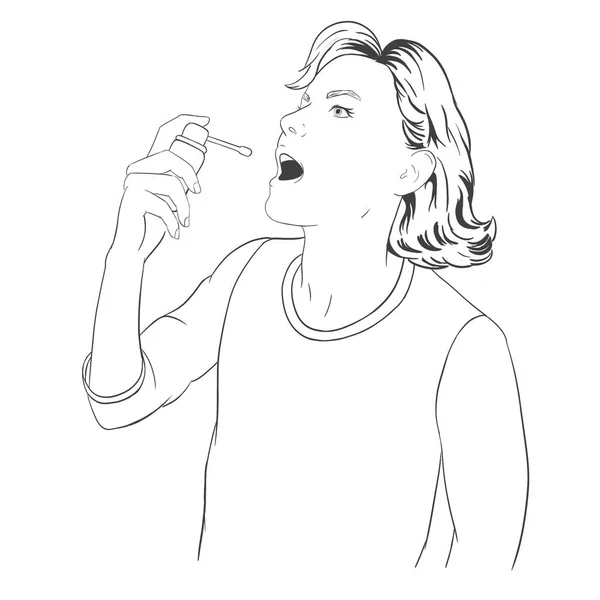 一个女人用喷雾器把喷雾器喷在她的嘴里 用灰色来治疗喉咙咳嗽 — 图库照片#