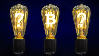 Kripto bitcoin para birimi içinde soru işareti ile birlikte retro lambaları işaretidir.
