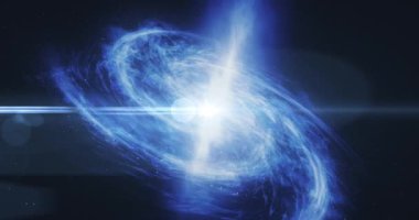 Derin uzayda yıldız kümelerinin kozmik arkaplan oluşumunun güzel sarmal galaksisi. Optik mercek patlaması 4k animasyon görüntüsü.