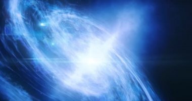 Derin uzayda yıldız kümelerinin kozmik arkaplan oluşumunun güzel sarmal galaksisi. Optik mercek patlaması 4k animasyon görüntüsü.